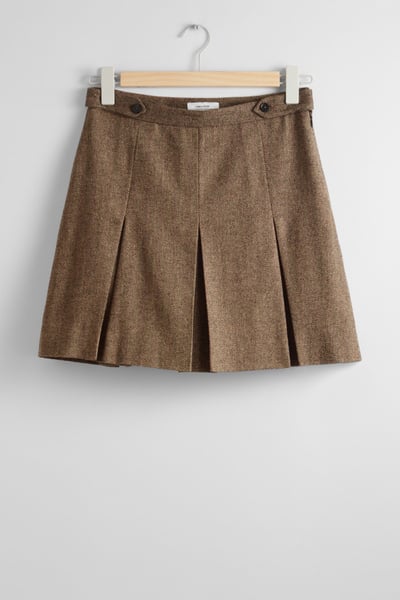 Pleated Herringbone Mini Skirt