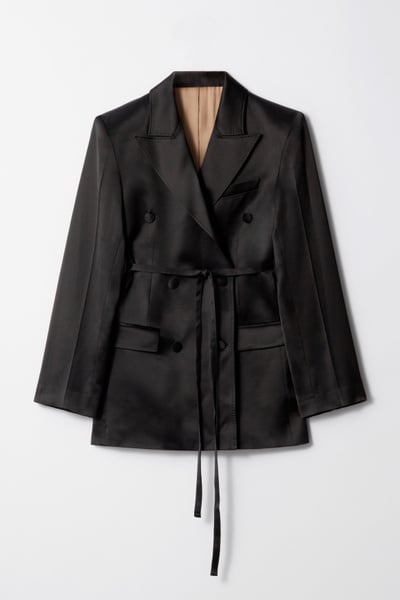 Shiny Belted Wool-Blend Blazer