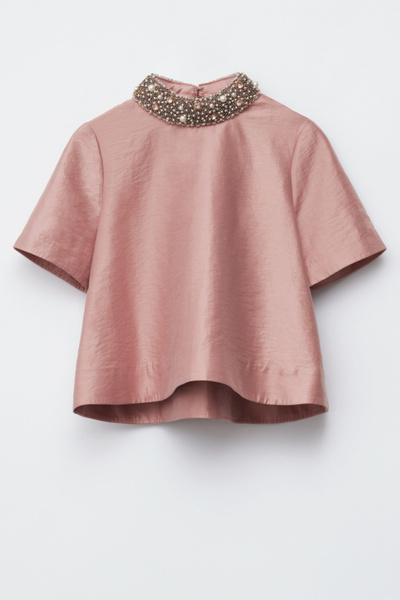 Short-Sleeve Pearl-Embroidered Blouse